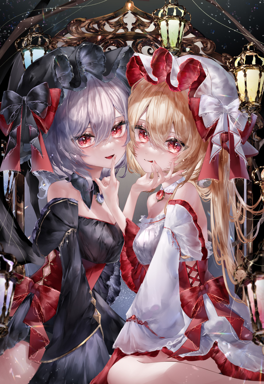 2girls absurdres alternate_costume black_bow black_dress black_hat blonde_hair bow breasts cleavage commentary detached_sleeves dress dress_bow flandre_scarlet hair_between_eyes hat hat_bow highres lantern licking_lips looking_at_viewer mob_cap multicolored_clothes multicolored_dress multiple_girls open_mouth red_bow red_eyes remilia_scarlet siblings sisters sitting smile sparkle strapless strapless_dress tongue tongue_out touhou white_bow white_dress white_hat wide_sleeves yukia_(yukia_777)