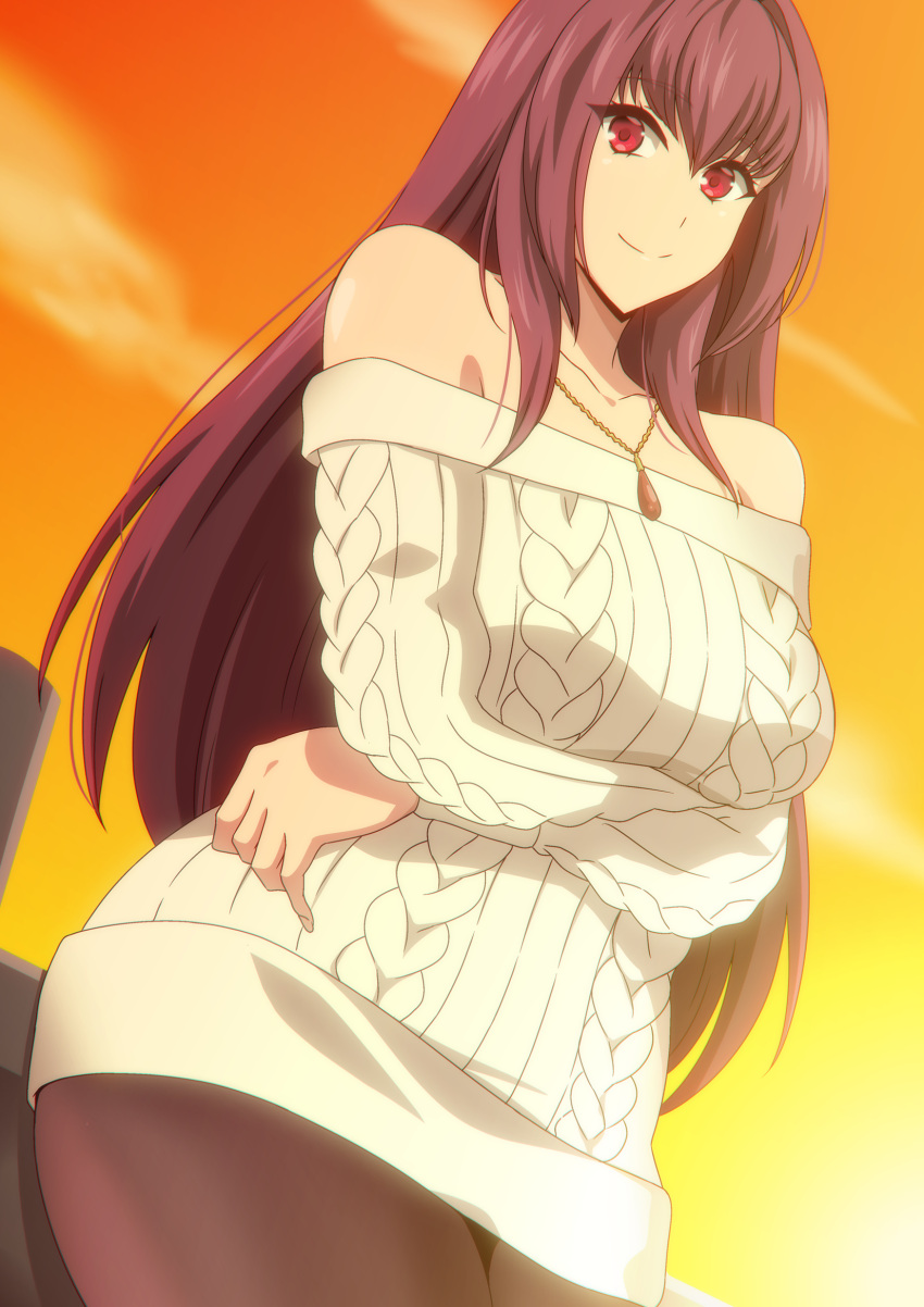 1girl bare_shoulders breasts brown_pantyhose crossed_arms fate/grand_order fate_(series) gradient_sky hair_between_eyes hara_(harayutaka) highres jewelry large_breasts long_hair looking_at_viewer necklace off-shoulder_sweater off_shoulder orange_sky pantyhose purple_hair red_eyes scathach_(fate) sky smile solo sunset sweater thighs twilight white_sweater