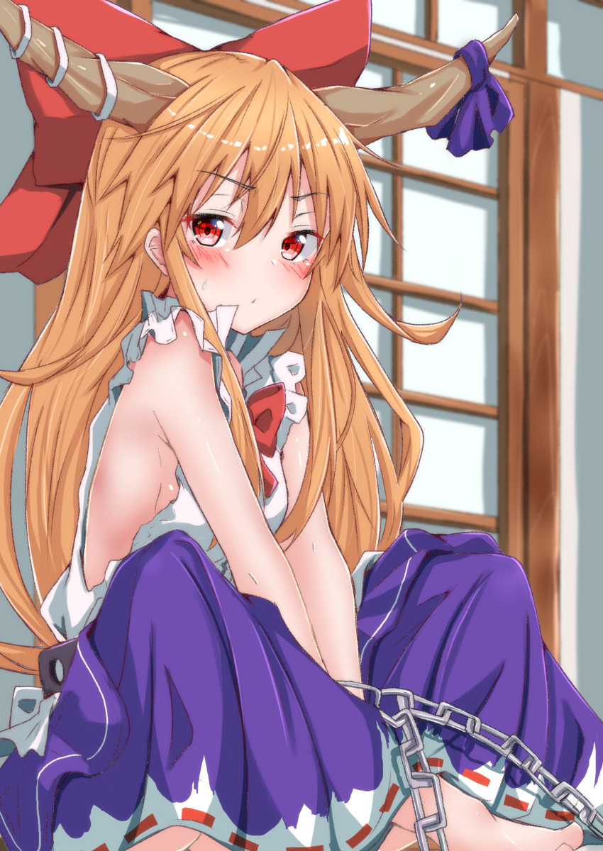 1girl absurdres blush bow bowtie breasts chain clip_studio_paint_(medium) commentary_request crossed_legs hair_bow highres horn_ornament horn_ribbon horns ibuki_suika long_hair looking_at_viewer mukkushi oni orange_hair purple_skirt red_bow red_bowtie red_eyes ribbon sideboob sitting skirt solo textless_version touhou very_long_hair