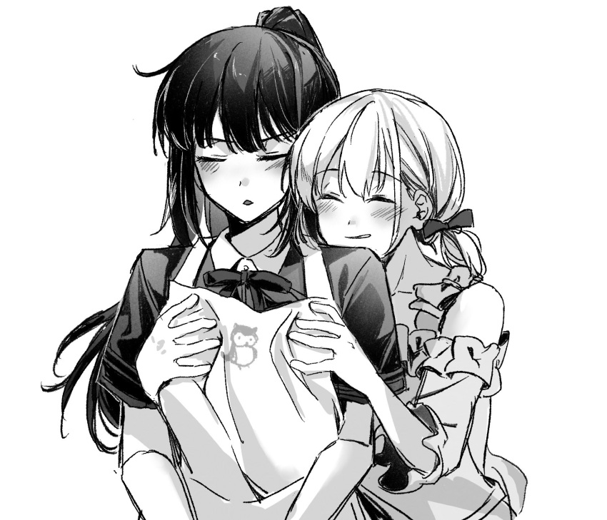 2girls apron blush closed_eyes grabbing grabbing_another's_breast grabbing_from_behind greyscale hair_ribbon highres inoue_takina jenjen long_hair lycoris_recoil medium_hair monochrome multiple_girls neck_ribbon nishikigi_chisato off-shoulder_shirt off_shoulder parted_lips ponytail ribbon shirt short_sleeves short_twintails twintails upper_body yuri