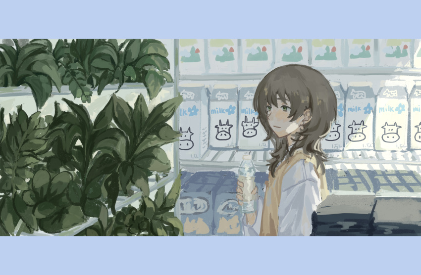 1girl absurdres border bottle brown_hair gyeonnggye highres holding holding_bottle looking_at_object milk original plant shop solo