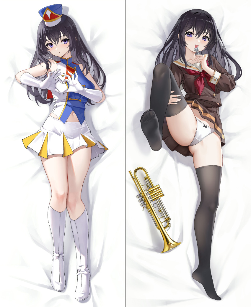 absurdres band_uniform black_hair black_thighhighs boots brown_serafuku brown_shirt dakimakura_(medium) feet gloves hat hibike!_euphonium highres hundun_no_bifang instrument kitauji_high_school_uniform kousaka_reina long_hair navel neckerchief panties pink_neckerchief purple_eyes school_uniform serafuku shirt skirt soles thighhighs trumpet underwear white_footwear white_gloves white_panties