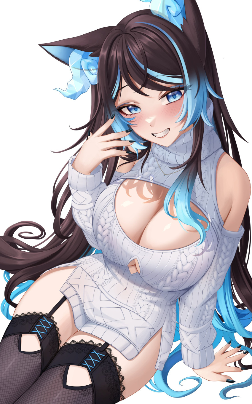 1girl absurdres animal_ear_fluff animal_ears black_nails black_thighhighs blue_eyes blue_hair breasts brown_hair cleavage cleavage_cutout clothing_cutout cotton_noir dress fishnet_thighhighs fishnets garter_straps highres indie_virtual_youtuber large_breasts long_hair looking_at_viewer multicolored_hair nail_polish sinder_(vtuber) sitting smile solo streaked_hair sweater sweater_dress thighhighs turtleneck turtleneck_sweater virtual_youtuber white_background white_sweater winter_clothes wolf_ears wolf_girl