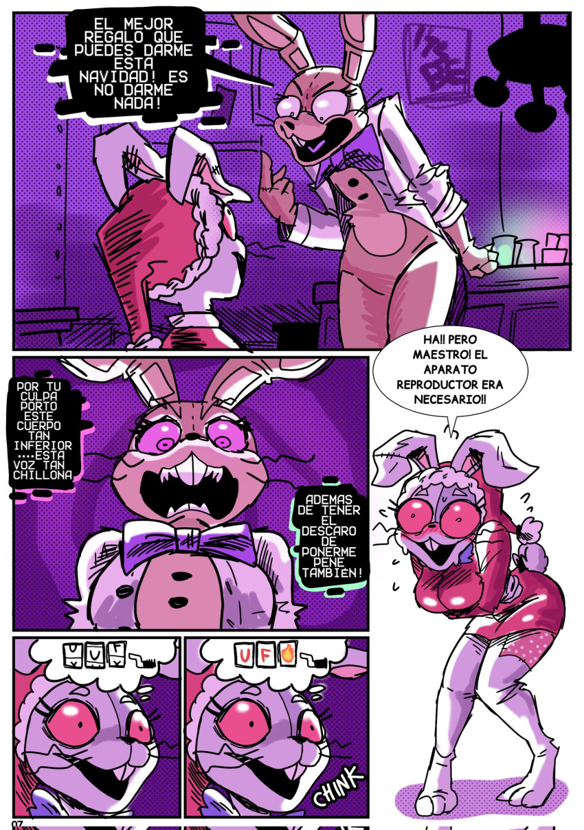 angry anthro aroused big_breasts blush border breasts christmas christmas_clothing christmas_headwear clothing comic duo eyelashes female five_nights_at_freddy's glitchtrap hat headgear headwear hi_res holidays male pink_sclera red_sclera renita_reed santa_hat scottgames spanish_text speech_bubble standing text translation_request vanny_(fnaf) white_border