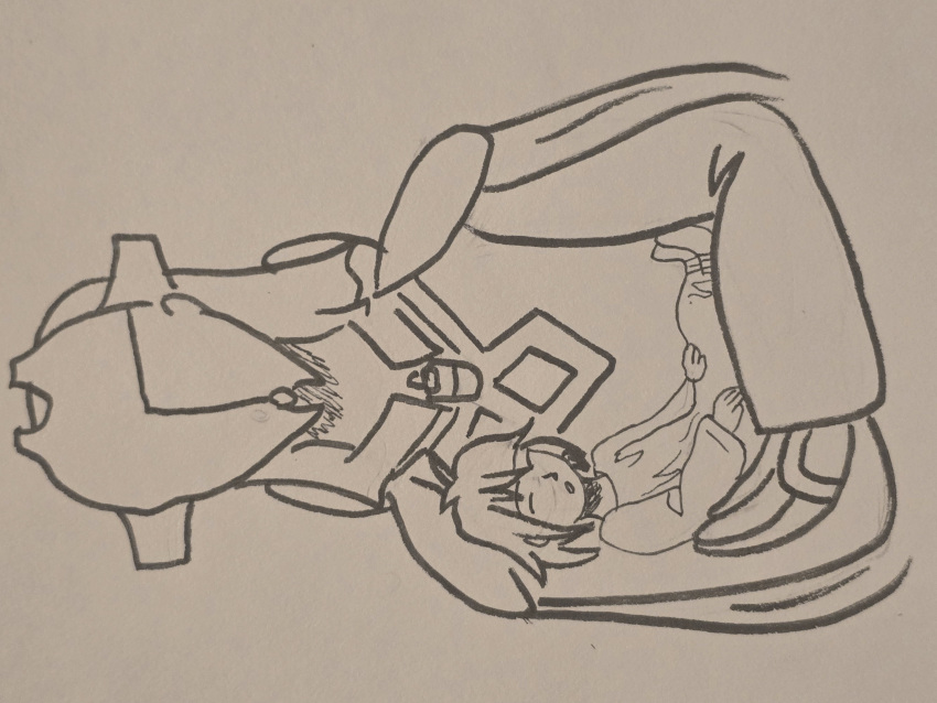 1boy 1girl absurdres baby exif_rotation greyscale gueira_(made_in_abyss) highres ink made_in_abyss monochrome non-web_source pencil prushka sleeping