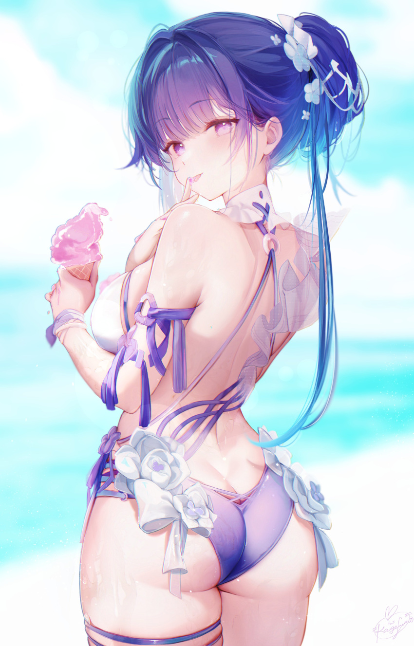 1girl :p absurdres ass ass_focus bikini blurry blurry_background bracelet breasts closed_mouth cowboy_shot flower from_behind hair_flower hair_intakes hair_ornament hand_up highres holding holding_ice_cream_cone honkai_(series) honkai_impact_3rd ice_cream_cone jewelry kagefumi large_breasts legs_together long_bangs long_hair looking_at_viewer median_furrow mismatched_bikini pink_eyes ponytail purple_bikini raiden_mei raiden_mei_(herrscher_of_origin) sideboob sidelocks signature skindentation smile solo swimsuit thick_thighs thighs tongue tongue_out wet white_bikini white_flower