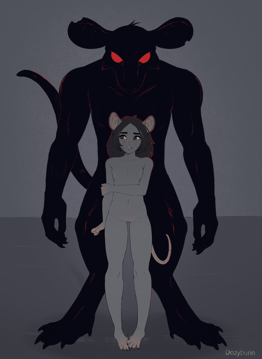 absurd_res angie anthro breasts dozybunn duo female genitals glowing glowing_eyes hi_res larger_male male male/female mammal menacing murid murine navel nervous pussy rat red_eyes rodent shy silhouette size_difference small_breasts smaller_female suggestive