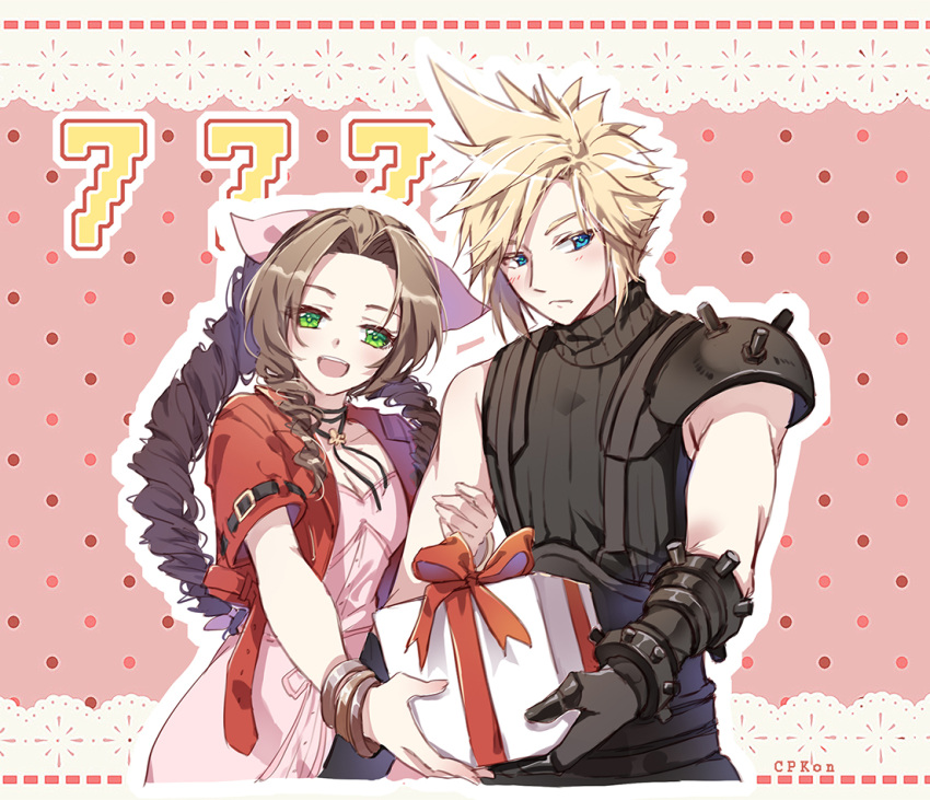 1boy 1girl aerith_gainsborough armor artist_name bangle black_footwear black_gloves blonde_hair blue_eyes blush box bracelet braid braided_ponytail breasts brown_hair cat_princess choker cleavage closed_mouth cloud_strife cowboy_shot cropped_jacket dress final_fantasy final_fantasy_vii final_fantasy_vii_rebirth final_fantasy_vii_remake flower_choker gift gift_box gloves green_eyes hair_ribbon holding holding_another's_arm holding_box holding_gift jacket jewelry long_dress long_hair looking_at_viewer medium_breasts open_mouth parted_bangs pink_background pink_dress pink_ribbon polka_dot polka_dot_background red_jacket ribbon short_hair short_sleeves shoulder_armor sidelocks single_bare_shoulder single_braid single_shoulder_pad sleeveless sleeveless_turtleneck smile spiked_hair suspenders swept_bangs turtleneck wavy_hair