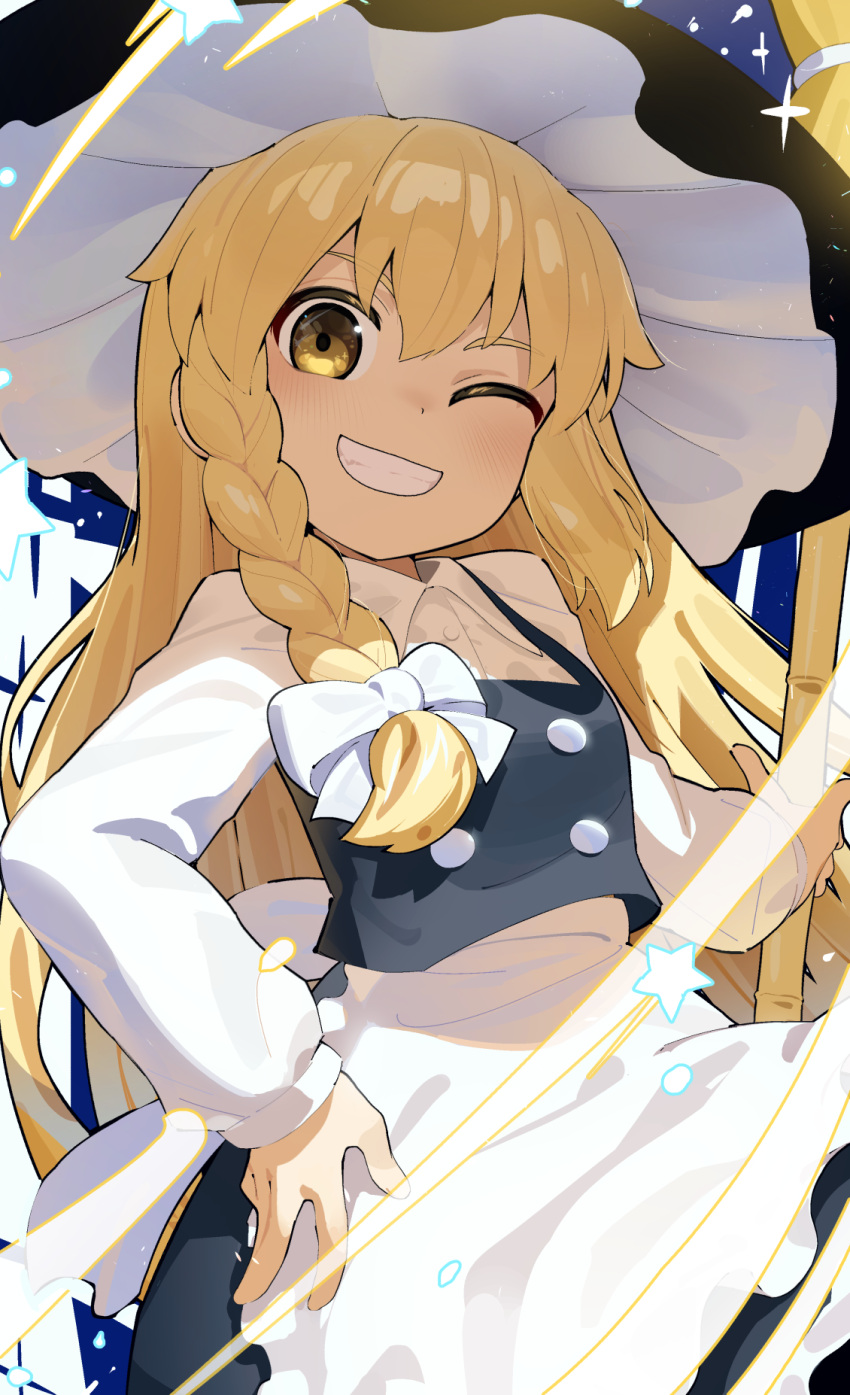1girl apron black_hat black_skirt black_vest blonde_hair bow braid breasts brown_eyes collared_shirt dress_shirt frilled_apron frills grin hair_between_eyes hair_bow hand_on_own_hip hat highres kirisame_marisa long_sleeves looking_at_viewer monosenbei one_eye_closed puffy_long_sleeves puffy_sleeves shirt single_braid skirt small_breasts smile solo touhou vest waist_apron white_apron white_bow white_shirt