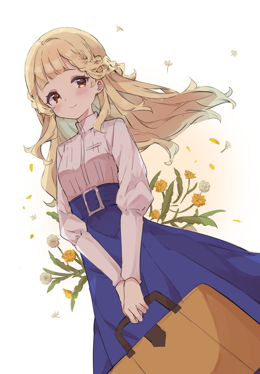 1girl absurdres bangs blonde_hair blue_skirt blush braid breasts brown_eyes closed_mouth commentary_request eyebrows_visible_through_hair floating_hair floral_background flower high-waist_skirt highres holding long_hair long_sleeves looking_at_viewer maquia_(sayoasa) mola_mola puffy_sleeves sayonara_no_asa_ni_yakusoku_no_hana_wo_kazarou shirt skirt small_breasts smile solo suitcase very_long_hair white_background white_flower white_shirt yellow_flower