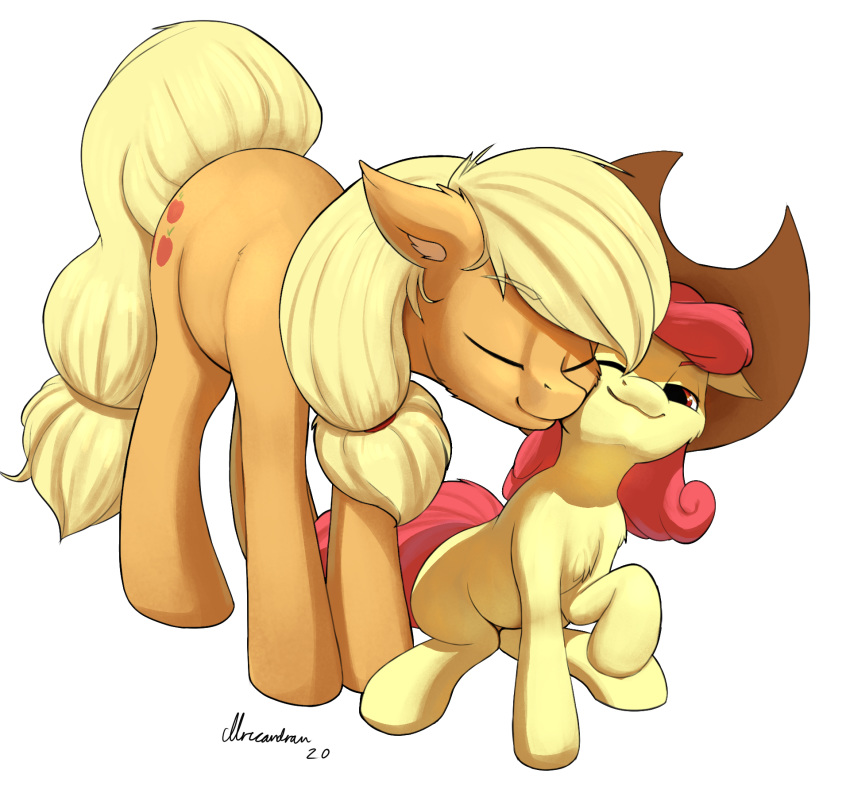 apple_bloom_(mlp) applejack_(mlp) blonde_hair clothing cutie_mark duo earth_pony equid equine eyes_closed female feral friendship_is_magic hair hasbro hat headgear headwear hi_res horse inner_ear_fluff mammal mricantdraw my_little_pony nuzzling orange_body pony ponytail red_hair sibling sister sisters tuft yellow_body young