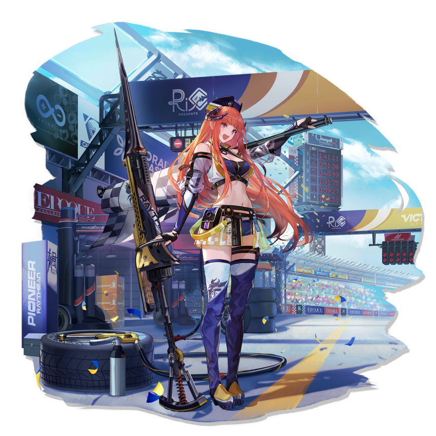 1girl :d arknights bagpipe_(arknights) bagpipe_(whistlewind)_(arknights) bangs belt_pouch black_gloves blue_legwear blue_shorts blue_sky breasts checkered checkered_flag clothing_cutout cloud confetti crop_top day dragon_horns dragon_tail eyebrows_visible_through_hair fingerless_gloves flag full_body gloves gunlance hat highres horns lance long_hair long_sleeves looking_at_viewer medium_breasts micro_shorts midriff miniskirt navel official_alternate_costume official_art open_mouth orange_hair outstretched_arm polearm pouch purple_eyes race_queen revealing_clothes rhine_lab_logo see-through shadow shoes shorts shoulder_cutout showgirl_skirt skirt sky smile solo standing stomach tail thigh_strap thighhighs thighs transparent_background u_jie very_long_hair vest weapon white_vest