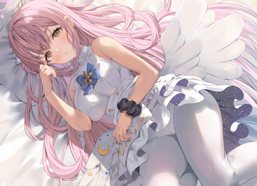 1girl angel_wings bare_shoulders black_scrunchie blue_archive blue_bow bow breasts dress hair_bun halo halterneck high-waist_skirt highres lace lace_panties layered_dress long_hair low_wings medium_breasts mika_(blue_archive) panties pantyhose pink_hair rangen scrunchie single_side_bun skirt solo two-sided_fabric underwear very_long_hair white_dress white_pantyhose white_wings wings wrist_scrunchie yellow_eyes