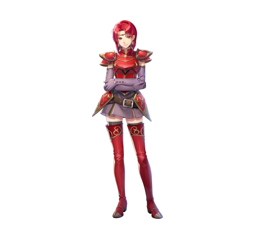 1girl absurdres armor bangs belt black_legwear boots breastplate circlet closed_mouth commentary_request crossed_arms dress earrings elbow_gloves fire_emblem fire_emblem:_the_binding_blade fire_emblem_heroes gloves highres jewelry kiyu_(zuyu) lips looking_at_viewer melady_(fire_emblem) official_art purple_dress red_armor red_eyes red_hair shiny shiny_clothes shiny_hair short_dress short_hair shoulder_armor simple_background sleeveless smile solo thigh_boots thighhighs white_background zettai_ryouiki