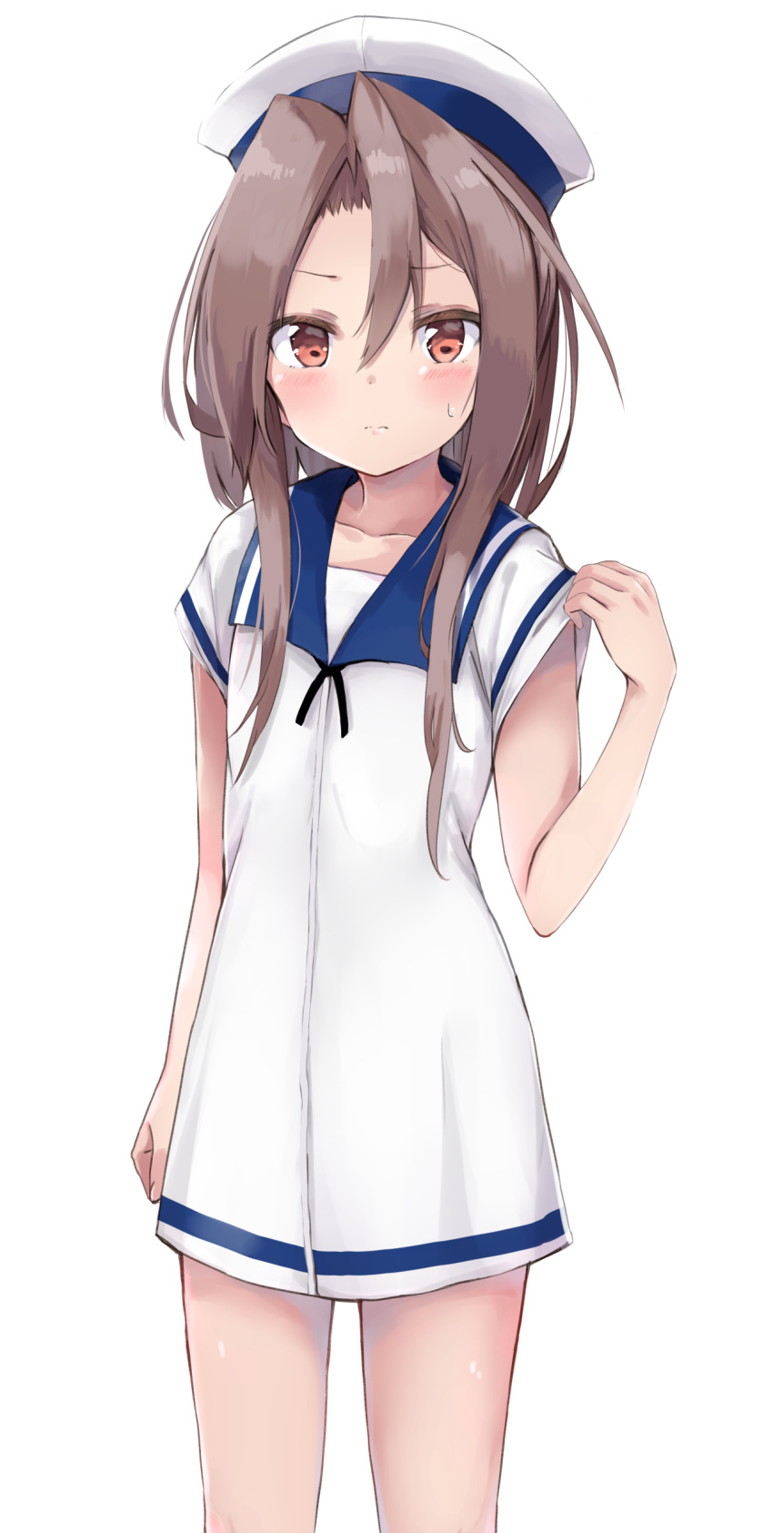 1girl absurdres amano_kouki blush brown_eyes closed_mouth collarbone cowboy_shot dress eyebrows_visible_through_hair hair_between_eyes hat highres kantai_collection light_brown_hair long_hair looking_at_viewer sailor_dress sailor_hat short_sleeves simple_background solo white_background white_dress white_headwear zuihou_(kantai_collection)