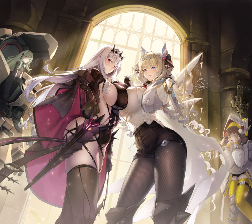 4girls bare_shoulders blunt_bangs blush breast_press breasts chime_(nikke) cleavage closed_mouth commentary crown_(nikke) gainoob goddess_of_victory:_nikke hair_between_eyes highres indoors kilo_(nikke) large_breasts looking_at_viewer mecha modernia_(nikke) modernia_(second_affection)_(nikke) multiple_girls open_mouth parted_lips robot see-through see-through_cleavage sideboob sidelocks smile standing symmetrical_docking talos_(nikke)