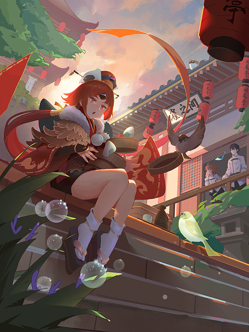 1boy 2girls architecture benienma_(fate/grand_order) bird black_hair bottle east_asian_architecture fate/grand_order fate_(series) food fujimaru_ritsuka_(female) fujimaru_ritsuka_(male) hat highres lantern low_ponytail multiple_girls onigiri orange_hair paper_lantern red_hair ryougi_shiki_(19888096) sake_bottle sitting twilight wide_sleeves