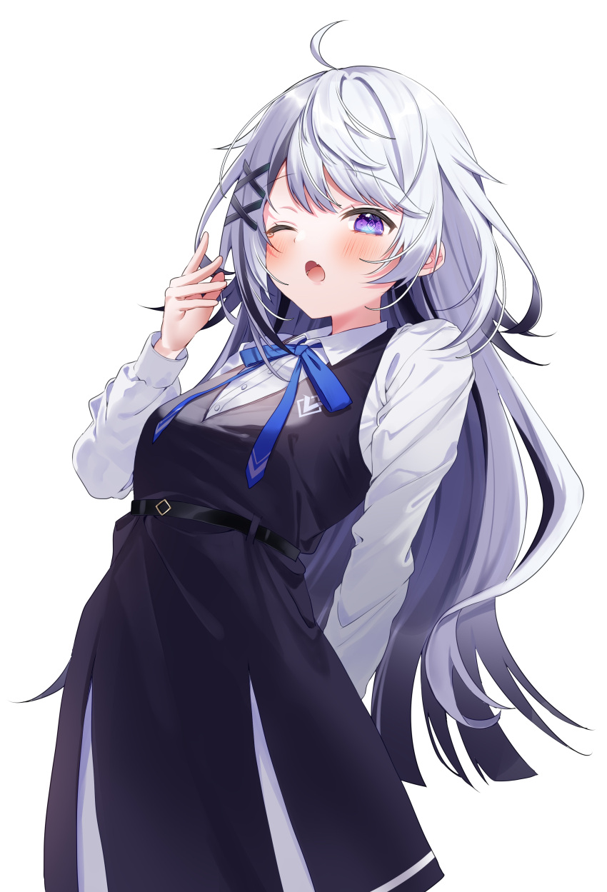 1girl :o absurdres ahoge apron arm_behind_back black_apron blue_bow blush bow cowboy_shot fang hair_ornament hand_up highres indie_virtual_youtuber long_hair long_sleeves looking_at_viewer open_mouth pome_charo purple_eyes sharp_teeth solo square_pupils teeth white_background white_hair white_sleeves x_hair_ornament yawning