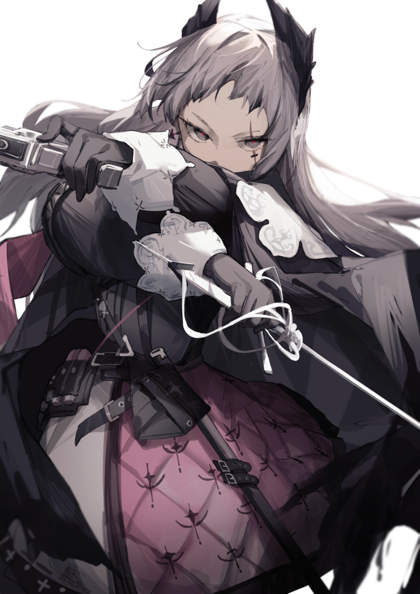 1girl aiming aiming_at_viewer ankoro_mochi arknights backlighting bandolier belt belt_buckle black_belt black_cloak black_gloves black_jacket black_wings blurry blurry_background blurry_foreground buckle bullet capelet cloak covered_mouth cowboy_shot cross_scar crossed_arms depth_of_field earrings feathered_wings fighting_stance floating_clothes floating_hair gloves grey_eyes grey_hair gun handgun hands_up head_wings highres holding holding_sword holding_weapon holster irene_(arknights) jacket jewelry long_hair long_sleeves looking_at_viewer multicolored_clothes multicolored_skirt pink_pupils pink_skirt puffy_long_sleeves puffy_sleeves rapier revolver scabbard scar scar_across_eye scar_on_face serious sheath simple_background skirt sleeve_cuffs solo standing sword torn_cloak torn_clothes two-tone_skirt unsheathed v-shaped_eyebrows weapon white_background white_capelet white_skirt wings