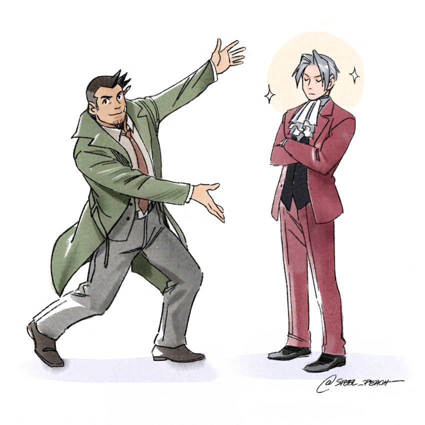 2boys ace_attorney ascot bandage_on_face bandages black_hair black_vest closed_eyes closed_mouth coat collared_shirt crossed_arms dick_gumshoe facial_hair full_body goatee green_coat grey_hair grey_pants highres jacket meme miles_edgeworth multiple_boys necktie pants pencil_behind_ear red_jacket red_necktie red_pants shirt short_hair sparkle steel_peach vest white_ascot white_shirt will_smith:_tada_(meme)