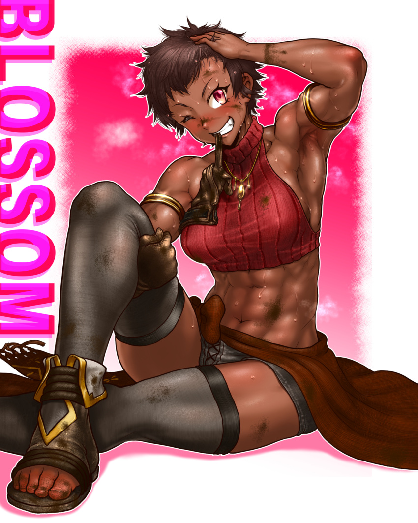 1girl abs armlet armpits asymmetrical_gloves black_footwear black_thighhighs blossom_(lv2_cheat) blush boro brown_gloves brown_hair character_name crop_top dark-skinned_female dark_skin denim denim_shorts dirty dirty_clothes dirty_face dirty_feet full-face_blush glove_in_mouth gloves grabbing_own_thigh hand_in_own_hair highres jewelry knee_up lv2_kara_cheat_datta_moto_yuusha_kouho_no_mattari_isekai_life mouth_hold necklace one_eye_closed open_mouth pink_eyes sandals short_hair short_shorts shorts simple_background sitting smile solo sweat teeth thighhighs toes toned_female unworn_gloves