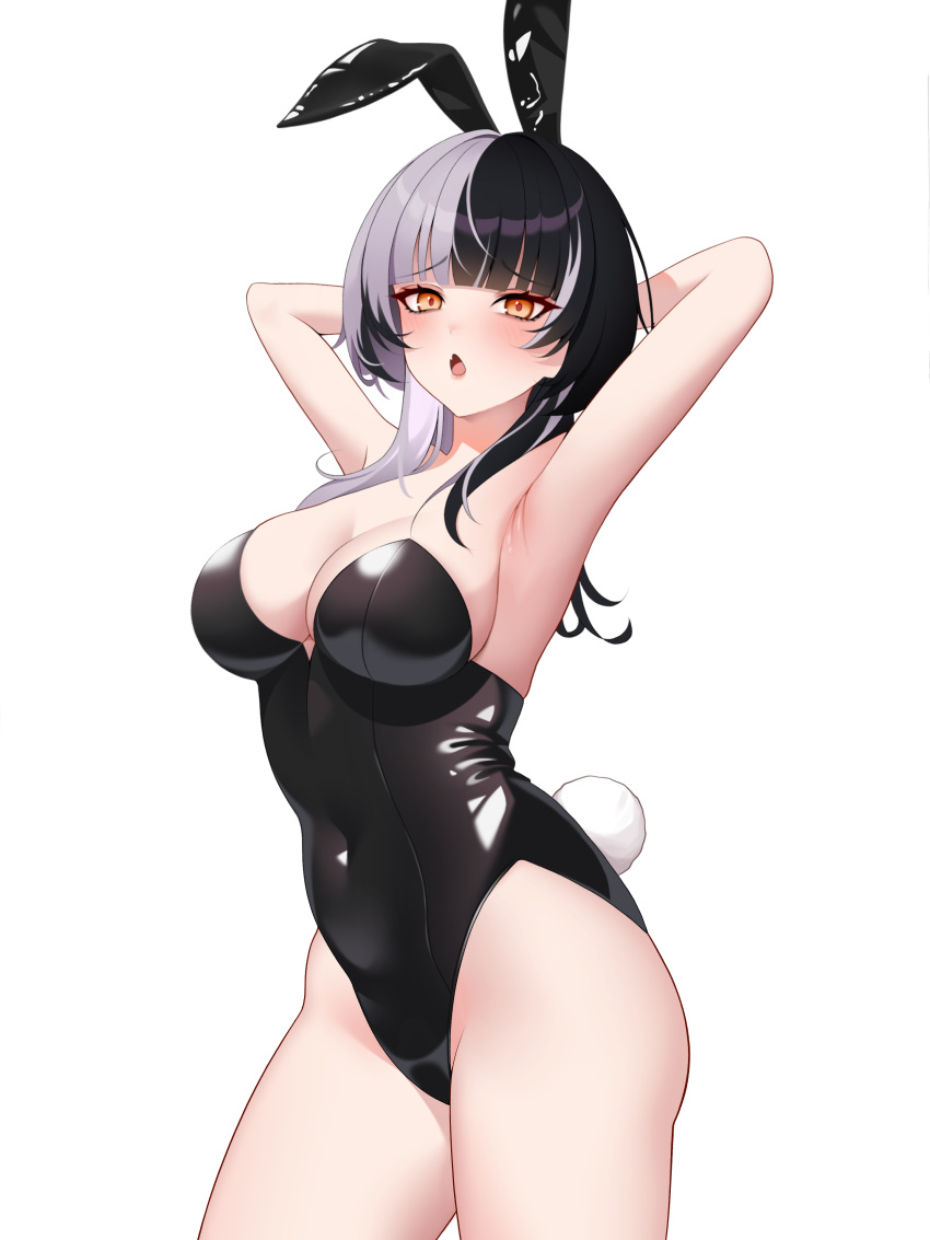 1girl absurdres animal_ears armpits arms_behind_head arms_up black_hair black_leotard blush breasts cleavage covered_navel cowboy_shot drey525 english_commentary fake_animal_ears fake_tail highres hololive hololive_english large_breasts latex latex_leotard leotard looking_at_viewer multicolored_hair open_mouth rabbit_ears rabbit_tail shiori_novella simple_background solo split-color_hair strapless strapless_leotard tail thighs white_background white_hair yellow_eyes