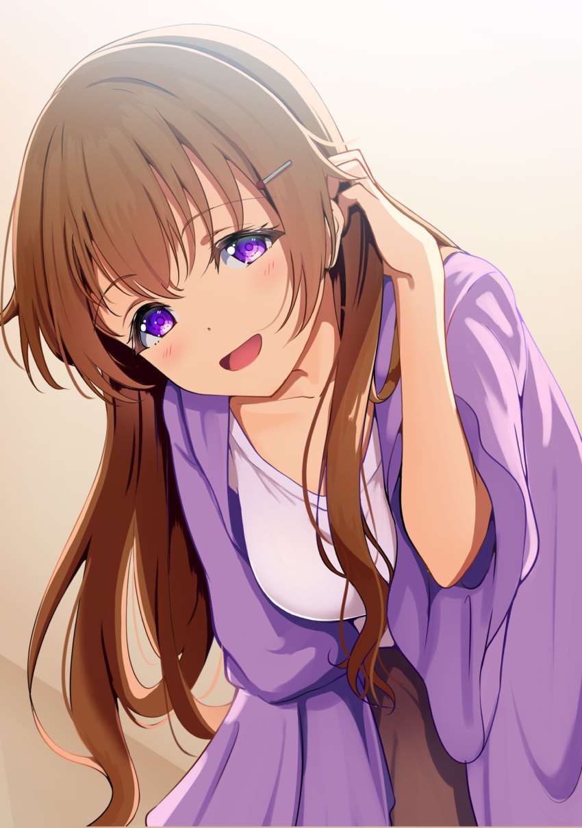 amatume111 breasts hair_between_eyes hair_ornament hair_pulled_back highres konoe_kanata large_breasts long_hair long_sleeves love_live! love_live!_nijigasaki_high_school_idol_club open_mouth orange_hair purple_eyes simple_background teasing wavy_hair