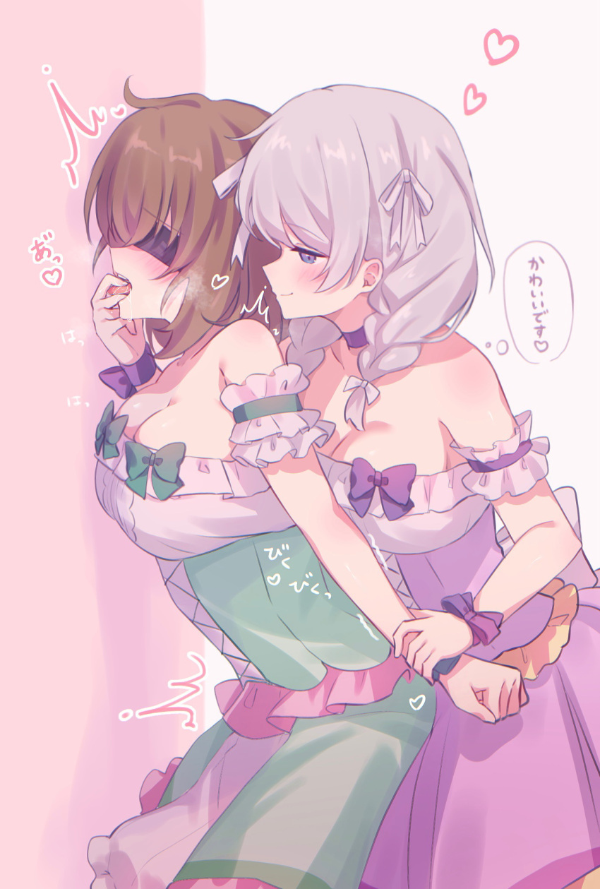 2girls bang_dream! blindfold blush braid breasts brown_hair cleavage closed_mouth commentary_request detached_sleeves dress finger_in_another's_mouth green_dress heart highres holding_another's_wrist large_breasts long_hair meu203 multiple_girls open_mouth purple_dress purple_eyes saliva strapless strapless_dress tongue tongue_out translation_request twin_braids wakamiya_eve white_hair yamato_maya yuri