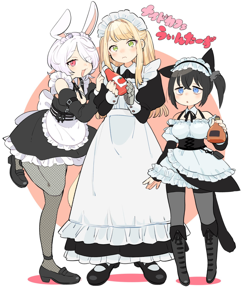 3girls :3 alcohol alternate_costume animal_ears apron bags_under_eyes black_dress black_footwear black_hair black_ribbon black_sleeves blonde_hair blue_eyes blush boots bottle breasts cat_girl circle closed_mouth collared_dress commentary_request corset detached_collar detached_sleeves dress ear_down enmaided fishnet_pantyhose fishnets frilled_hairband frills frown full_body furrowed_brow green_eyes grey_pantyhose hair_over_one_eye hairband hand_on_another's_shoulder highres holding holding_bottle keenu_(winterz.) ketchup knee_boots large_breasts long_dress long_hair looking_at_viewer maid maid_headdress mary_janes mechanical_arms multiple_girls neck_ribbon ohitori_(o_hitori_sama_1) omochi_(winterz.) one_eye_covered open_mouth pantyhose pink_background rabbit_ears rabbit_girl red_eyes ribbon shoes short_dress short_hair side_ponytail single_mechanical_arm sleeveless sleeveless_dress smile spaghetti_strap standing standing_on_one_leg tareme toshiya_(winterz.) translation_request triangle_mouth two-tone_background two_side_up underbust virtual_youtuber waist_apron white_apron white_background white_hair winterz.