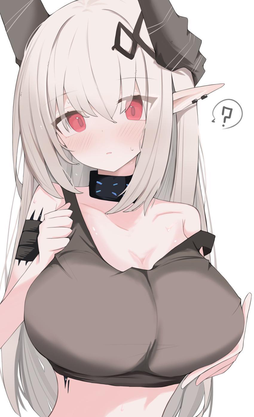 1girl ? absurdres arknights bare_shoulders black_collar black_horns black_tank_top blush breasts collar collarbone commentary_request demon_girl demon_horns grabbing_own_breast highres horns infection_monitor_(arknights) large_breasts looking_at_viewer material_growth mudrock_(arknights) mudrock_(elite_ii)_(arknights) nui_(nuinui0300) open_mouth oripathy_lesion_(arknights) pointy_ears red_eyes simple_background solo spoken_question_mark strap_slip sweat tank_top white_background