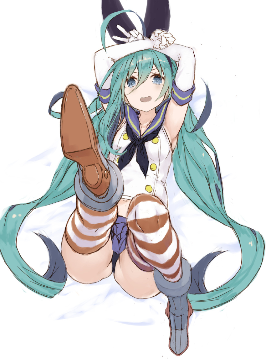 1girl absurdres ahoge aqua_hair armpits arms_up bangs black_hairband black_panties blue_eyes blue_skirt boots character_request cosplay crop_top elbow_gloves from_above gloves hairband highres kantai_collection leg_up long_hair looking_at_viewer lying microskirt navel on_back open_mouth panties pantyshot ryo_(tg290) sailor_collar shimakaze_(kantai_collection) shimakaze_(kantai_collection)_(cosplay) skirt smile solo striped striped_legwear thighhighs twintails underwear v very_long_hair white_gloves