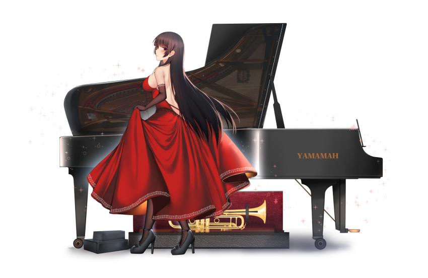 1girl alternate_costume bangs black_footwear black_gloves black_hair black_legwear breasts dress elbow_gloves full_body gloves grand_piano high_heels highres instrument isokaze_(kantai_collection) kantai_collection kitsune_udon_(ai_br) large_breasts long_hair piano red_dress red_eyes sleeveless sleeveless_dress solo standing