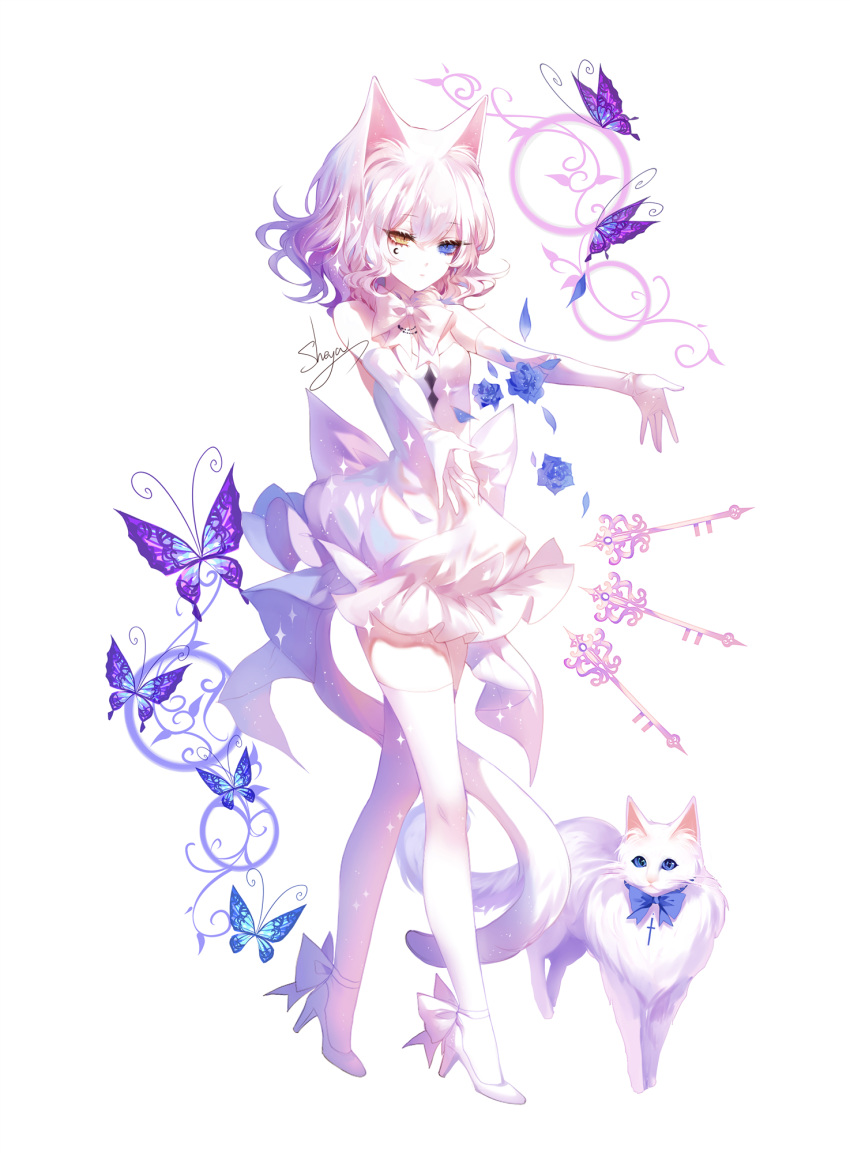 1girl animal_ears bare_shoulders blue_eyes blue_flower blue_rose bug butterfly cat cat_ears cat_girl cat_tail dress elbow_gloves facial_mark flower full_body gloves heterochromia highres insect key original outstretched_arms outstretched_hand pale_skin rose sheya short_hair simple_background sleeveless sleeveless_dress solo tail thighhighs wavy_hair white_background white_cat white_dress white_legwear yellow_eyes