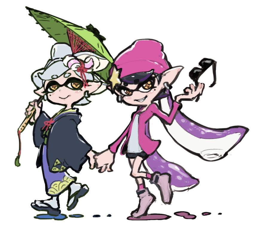 +_+ 2girls aori_(splatoon) beanie black_hair black_haori blue_kimono closed_mouth cousins domino_mask earrings eyebrows_visible_through_hair geta green_umbrella grin hair_ornament hair_rings haori hat hat_ornament holding holding_eyewear holding_hands holding_umbrella hotaru_(splatoon) jacket japanese_clothes jewelry kimono long_hair long_sleeves looking_at_viewer mask mole mole_under_eye multicolored_hair multiple_girls obi open_clothes open_jacket orange_eyes oriental_umbrella paint pink_headwear pink_jacket pink_legwear pointy_ears purple_hair sash short_hair silver_hair simple_background sjw_kazuya smile splatoon_(series) splatoon_2 star_(symbol) suction_cups sunglasses tabi teeth tentacle_hair two-tone_hair umbrella very_long_hair walking white_background white_legwear wide_sleeves