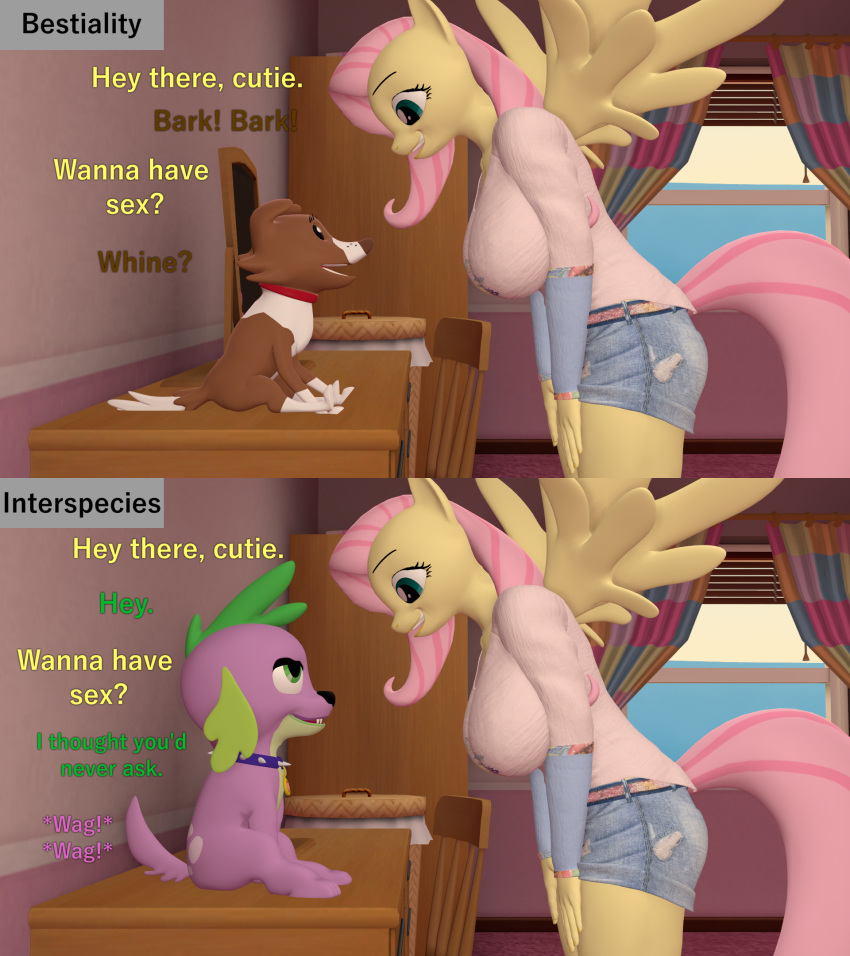 3d_(artwork) anthro anthrofied big_breasts breasts brown_body brown_fur canid canine canis clothed clothing comic digital_media_(artwork) domestic_dog equestria_girls equid equine female feral fluttershy_(mlp) friendship_is_magic fur hair hasbro hi_res mammal my_little_pony papadragon69 pegasus pink_hair purple_body spike_(eg) spike_(mlp) wings winona_(mlp) yellow_body
