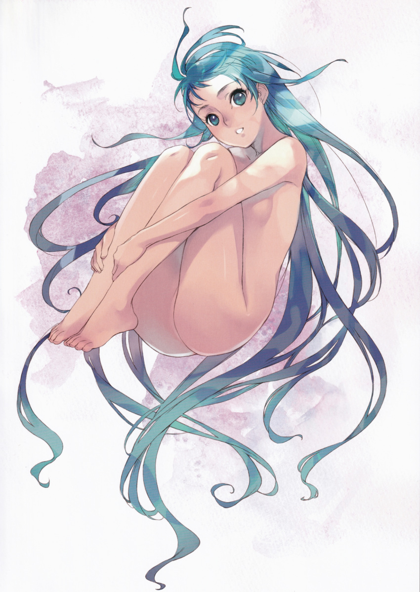 1girl absurdres ahoge bangs bare_legs barefoot blue_eyes blue_hair blush branch_(blackrabbits) breasts completely_nude convenient_censoring gradient_hair highres kantai_collection knees_to_chest knees_up leg_hug long_hair looking_at_viewer multicolored_hair nude open_mouth samidare_(kantai_collection) scan small_breasts smile solo swept_bangs very_long_hair