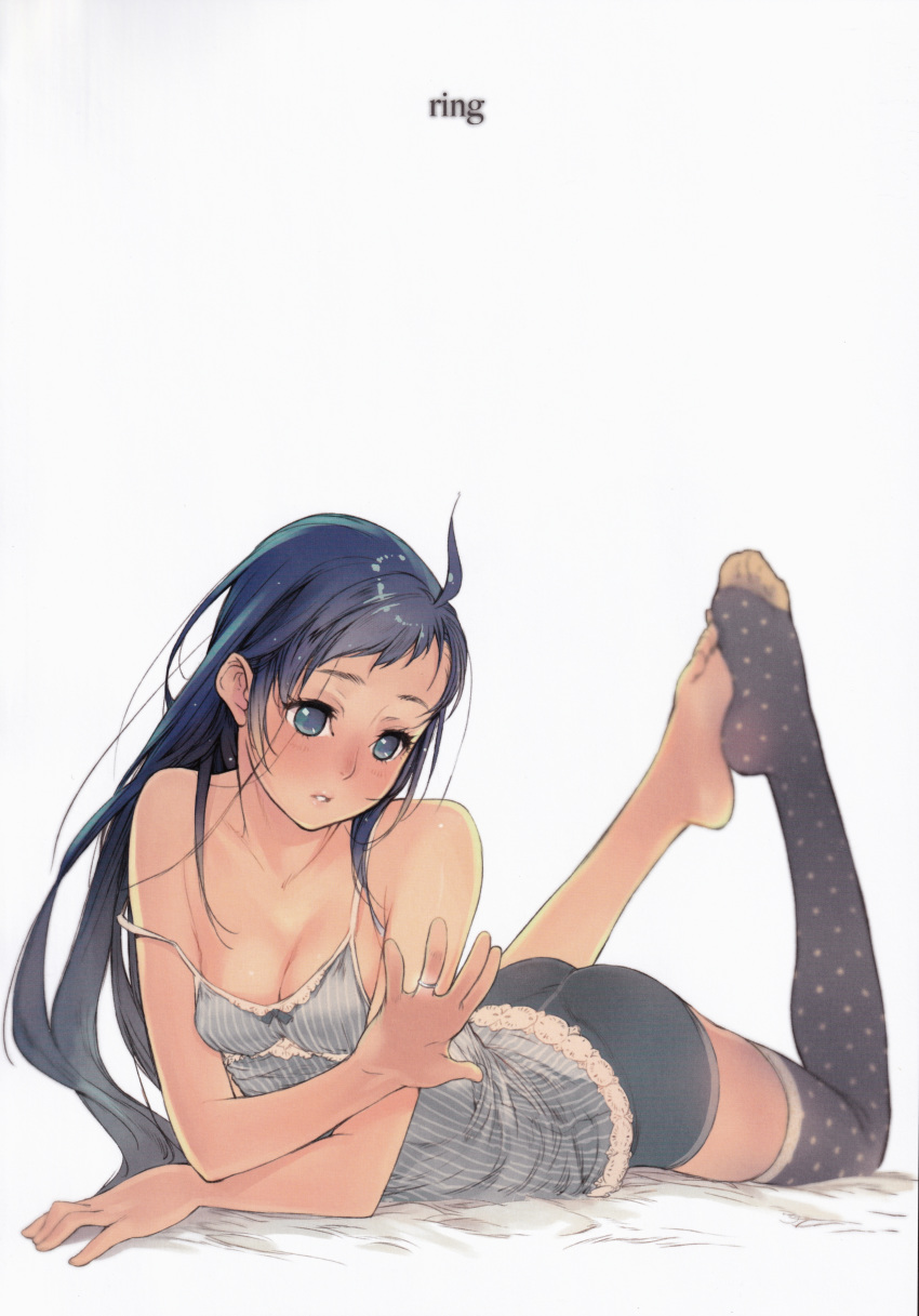 1girl absurdres ahoge bangs barefoot blue_eyes blue_hair blush branch_(blackrabbits) breasts collarbone gradient_hair grey_legwear highres jewelry kantai_collection long_hair lying multicolored_hair on_stomach polka_dot polka_dot_legwear ring samidare_(kantai_collection) scan shorts single_thighhigh small_breasts solo strap_slip swept_bangs tank_top thighhighs very_long_hair wedding_band