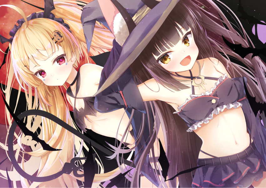 2girls :d adjusting_clothes adjusting_headwear ahoge alternate_costume animal_ears armpits azur_lane bare_shoulders bat bat_wings black_hair blonde_hair choker collarbone commentary_request demon_tail detached_sleeves eldridge_(azur_lane) facial_mark flat_chest fox_ears frilled_skirt frills hair_ornament hairband halloween halloween_costume hat highres jack-o'-lantern jack-o'-lantern_hair_ornament jewelry long_hair looking_at_viewer madotsukumo midriff multiple_girls nagato_(azur_lane) navel necklace open_mouth peeking_out pleated_skirt red_eyes skirt smile tail twintails wings witch_hat yellow_eyes