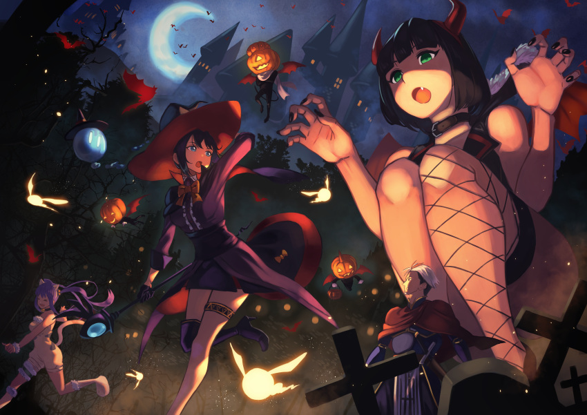 &gt;_&lt; 1boy 3girls absurdres animal_ears arm_up armor asymmetrical_legwear bangs bare_tree bat bell bell_choker black_hair black_nails blue_eyes bob_cut boots bow cape castle center_frills choker claw_pose collar convenient_leg crescent_moon cross demon_horns demon_wings dress facial_hair fang fishnets fleeing frills fur-trimmed_footwear giantess gloves glowing goatee graveyard green_eyes hair_bell hair_ornament halloween halloween_bucket hands_up hat high_heel_boots high_heels highres horns imp jack-o'-lantern kurai_munio long_hair long_sleeves looking_back moon multiple_girls nail_polish night original outdoors profile purple_hair romper running scrunchie sheath sheathed single_thighhigh size_difference sleeveless squatting staff sword tail thigh_boots thighhighs thighlet tree twintails weapon white_hair wings witch_hat wrist_scrunchie