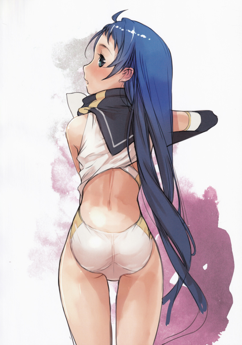 1girl absurdres ahoge ass back bangs bare_shoulders black_gloves blue_eyes blue_hair blush branch_(blackrabbits) elbow_gloves from_behind gloves gradient_hair highres huge_filesize kantai_collection long_hair looking_at_viewer looking_back multicolored_hair one-piece_swimsuit open_mouth samidare_(kantai_collection) scan shirt sleeveless sleeveless_shirt solo swept_bangs swimsuit swimsuit_under_clothes very_long_hair white_serafuku white_swimsuit