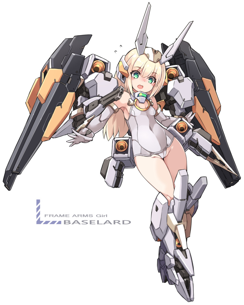 1girl bangs bare_shoulders baselard blonde_hair blush breasts cameltoe character_name copyright_name covered_navel elbow_gloves eyebrows_visible_through_hair flying_sweatdrops frame_arms_girl full_body gloves green_eyes grey_gloves grey_leotard groin hair_between_eyes headgear highres karukan_(monjya) leotard long_hair mecha_musume open_mouth simple_background small_breasts solo very_long_hair white_background