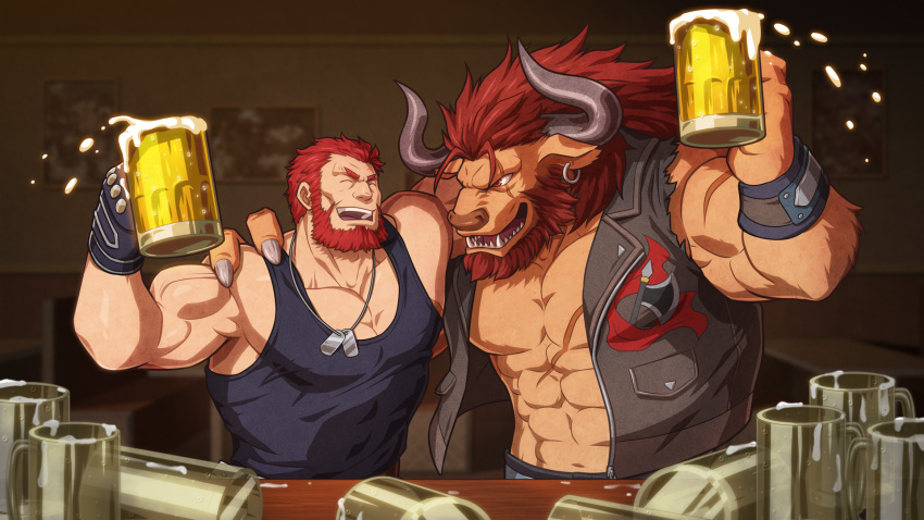 2boys abs animal_ears arm_around_shoulder bara bare_chest bare_shoulders beard beer_mug black_tank_top chest commission cow_boy cow_ears cow_horns cup earrings facial_hair fate/grand_order fate/zero fate_(series) highres horns iskandar_(fate) jewelry male_focus monster_boy mug multiple_boys muscle necklace original red_eyes red_hair sharp_teeth short_hair sleeveless smile tank_top teeth torn_clothes upper_body veins zelo-lee