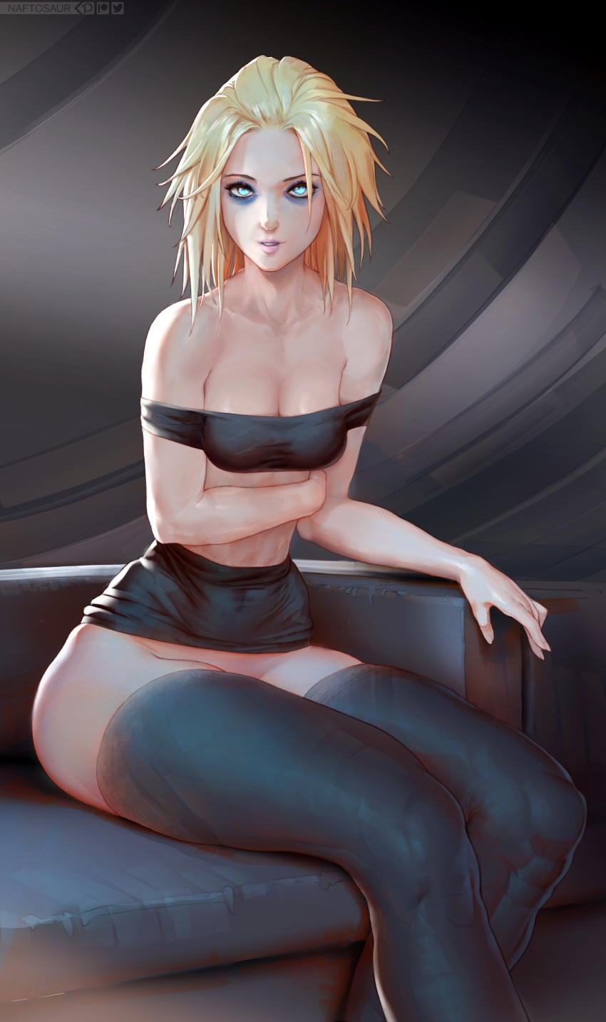 1girl absurdres bangs_pinned_back bare_shoulders black_legwear black_skirt blonde_hair blue_eyes breasts cleavage collarbone couch destiny_(game) eyeliner eyeshadow forehead highres legs_together long_legs makeup mara_sov medium_breasts medium_hair messy_hair miniskirt naftosaur no_panties nose parted_lips purple_lips sitting skirt skirt_lift slender_waist solo strapless thighhighs tubetop