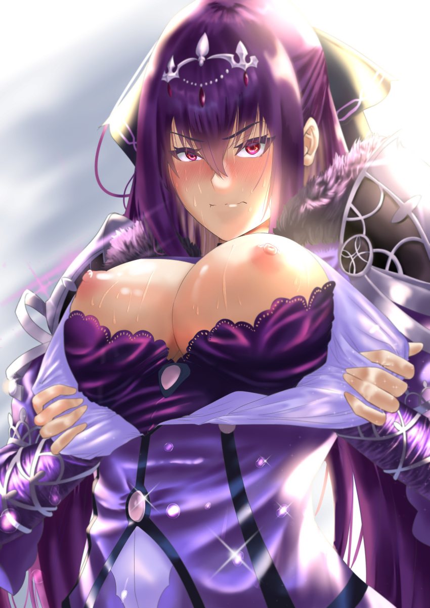 1girl absurdres backlighting bangs blush breasts breasts_outside closed_mouth dress dress_pull fate/grand_order fate_(series) fur-trimmed_dress fur_trim hair_between_eyes hair_ribbon highres large_breasts long_sleeves looking_at_viewer nipples ponytail purple_dress purple_hair red_eyes ribbon ryougi_ayato scathach_(fate)_(all) scathach_skadi_(fate/grand_order) sparkle tiara