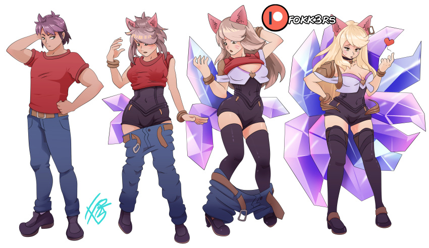 &lt;3 2020 5_fingers absurd_res ahri_(lol) alpha_channel animal_humanoid blonde_hair bottomwear breast_growth breasts canid canid_humanoid clothing ed-fokk3r facial_markings female fingers footwear gender_transformation green_eyes growth hair head_markings hi_res human human_to_humanoid humanoid league_of_legends legwear long_hair male mammal mammal_humanoid markings mtf_transformation navel open_mouth pants riot_games shirt shoes short_hair simple_background solo species_transformation standing stockings surprise topwear transformation video_games