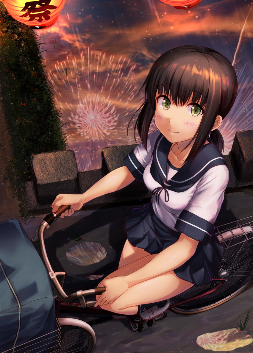 1girl bag bangs bicycle black_legwear blue_skirt blush breasts brown_hair closed_mouth collarbone commentary_request eyebrows_visible_through_hair fireworks from_above fubuki_(kantai_collection) green_eyes ground_vehicle hair_between_eyes highres ichikawa_feesu kantai_collection lantern looking_at_viewer looking_up medium_breasts night outdoors pleated_skirt revision riding school_uniform serafuku shoes short_hair short_sleeves sidelocks skirt sky smile solo water white_footwear