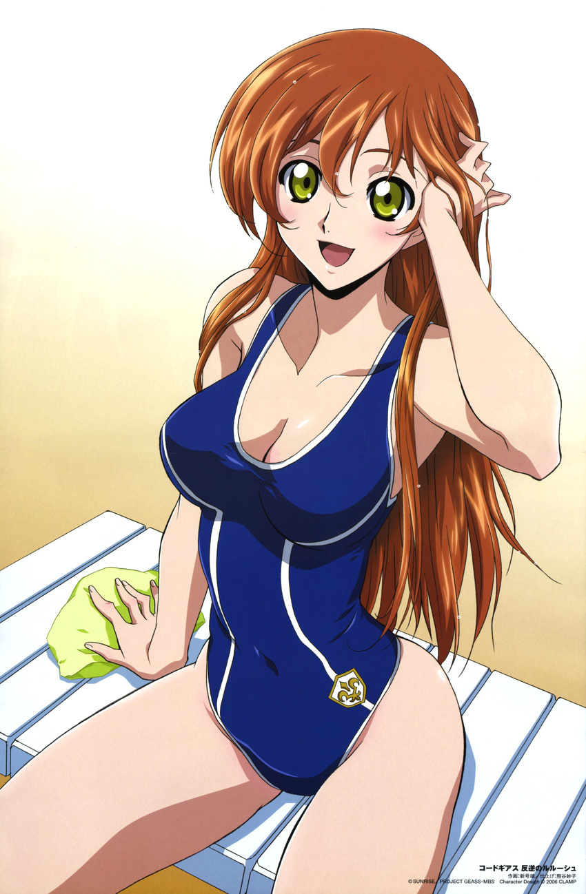 :d absurdres adjusting_hair arm_up ashford_academy_swimsuit bangs beach blush breasts brown_hair chair cleavage code_geass comp_h's emblem green_eyes hair_between_eyes hand_on_head highres large_breasts long_hair looking_at_viewer lounge_chair navel non-web_source official_art one-piece_swimsuit open_mouth outdoors parted_bangs sand scan school_swimsuit shingou_yasushi shirley_fenette sidelocks single_vertical_stripe sitting smile solo spread_legs swim_cap swimsuit taut_clothes taut_swimsuit thighs wet wet_hair wide_hips