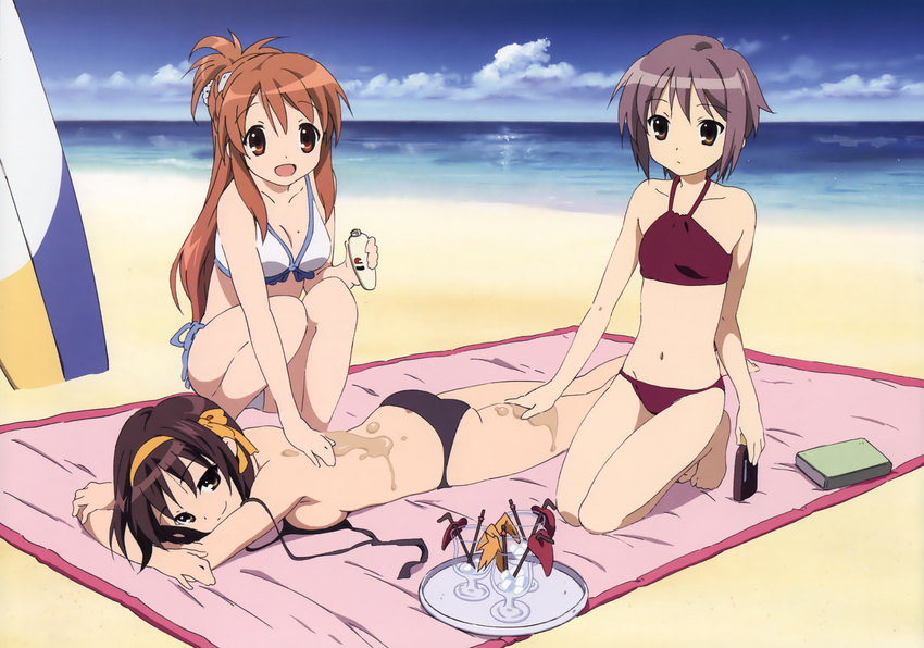 artist_request asahina_mikuru ass bare_shoulders beach bikini book breasts brown_hair cleavage day drink highres lotion lotion_bottle medium_breasts midriff multiple_girls nagato_yuki outdoors scan short_hair sideboob small_breasts surfboard suzumiya_haruhi suzumiya_haruhi_no_yuuutsu swimsuit tray untied