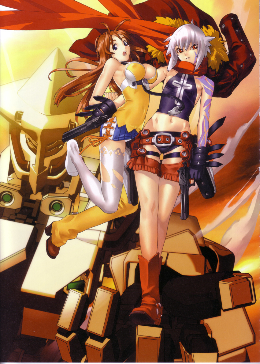 2girls absurdres bakuretsu_tenshi bomber_jacket boots chaps dual_wield fingerless_gloves flat_chest hakua_ugetsu holster jo large_breasts mecha megumi midriff navel open_mouth outstretched_hand pistol scan scarf tattoo tears