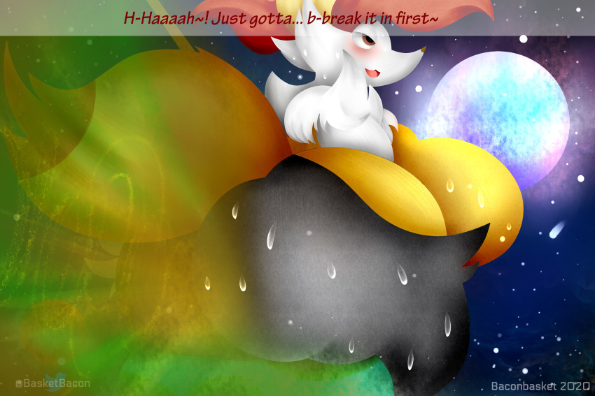 2020 3:2 absurd_res anthro baconbasket big_breasts big_butt braixen breasts butt canid canine cosmic_background digital_drawing_(artwork) digital_media_(artwork) domination english_text fart fart_cloud fart_fetish female fox fur hair hi_res huge_butt looking_back macro mammal nintendo nude open_mouth planet pok&eacute;mon pok&eacute;mon_(species) sitting_on size_difference smile solo space space_background text thick_thighs video_games